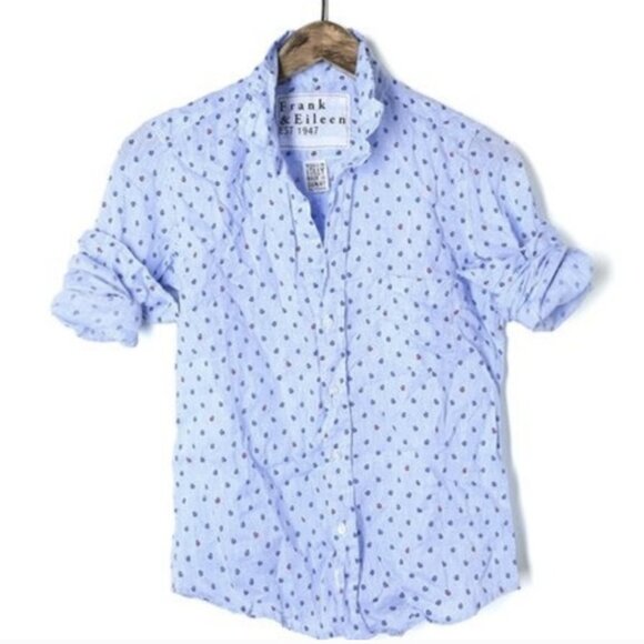 Frank & Eileen Barry Button Down Shirt Lady Bug Print 100% Linen Blue Sz Medium - Picture 1 of 16